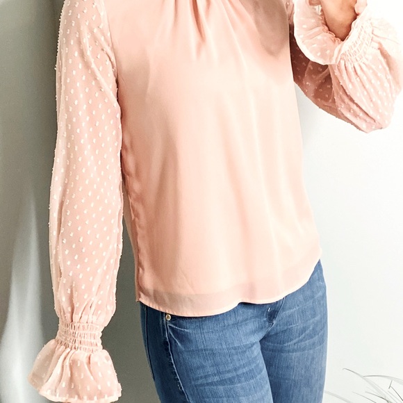 Japna pink mock neck long sleeve blouse with sheer detailed sleeves size small - Picture 7 of 9